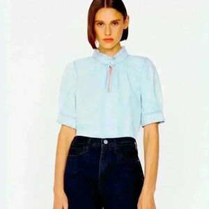 NWT FRAME Deep V Ruffle Collar Top XSmall Blue Denim color Thrill